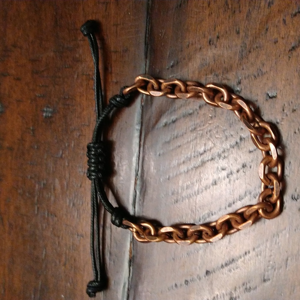 Copper Chainlink Bracelet. Black Tie Pulls To Loosen Or Tighten.